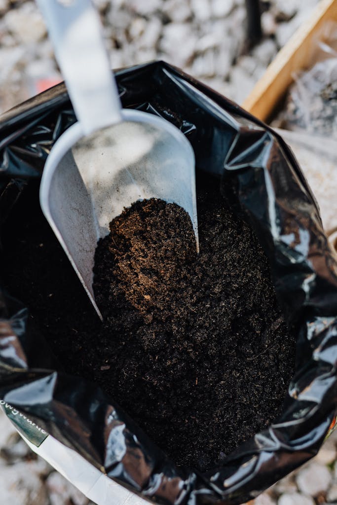 Garden trowel scooping soil from a black plastic bag, ideal for home gardening projects.