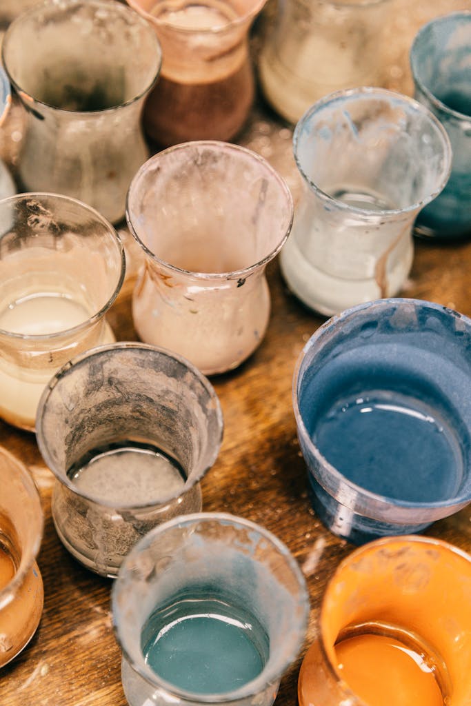 Vibrant collection of mixed paints displayed in glass containers on a wooden table, showcasing art and creativity.